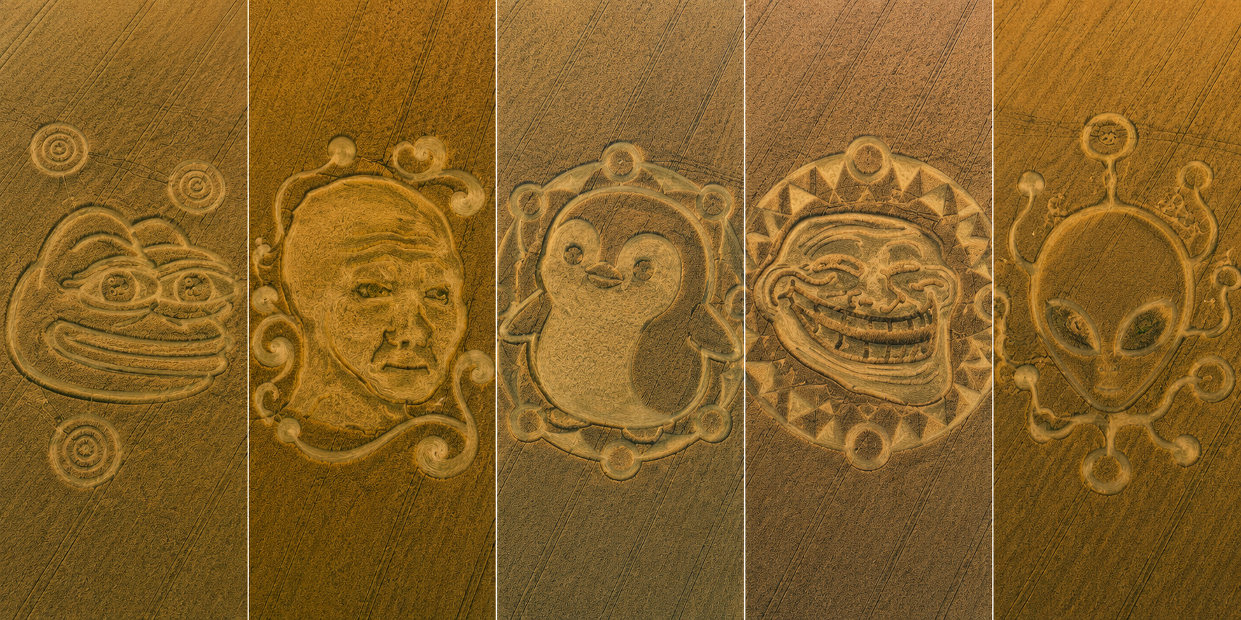 Crop-circle meme characters carved into a golden field